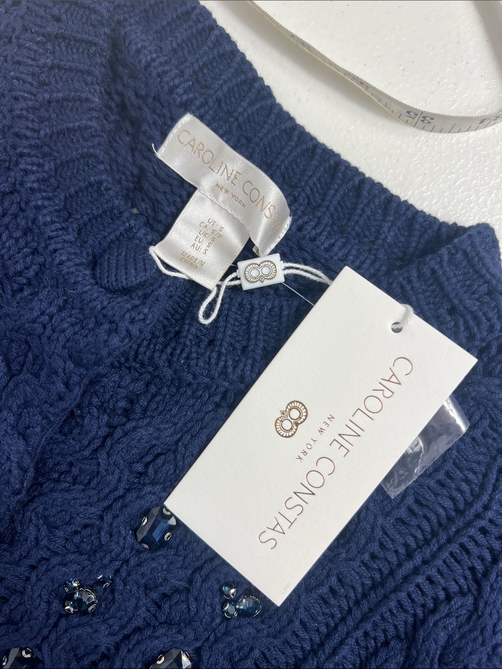 Caroline Constas Sz S Blue Cable Knit Rhiinestone Embellished Cardigan NWT - Picture 4 of 11